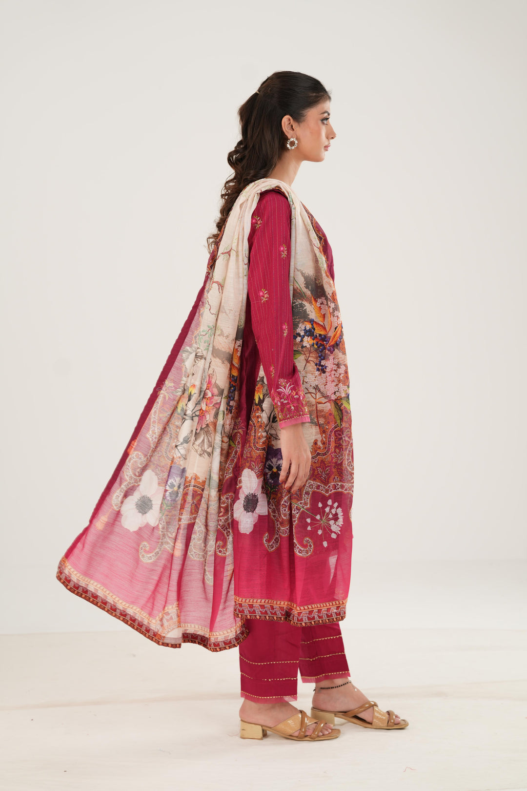 Lawn Red Stitched Suit - Zellbury