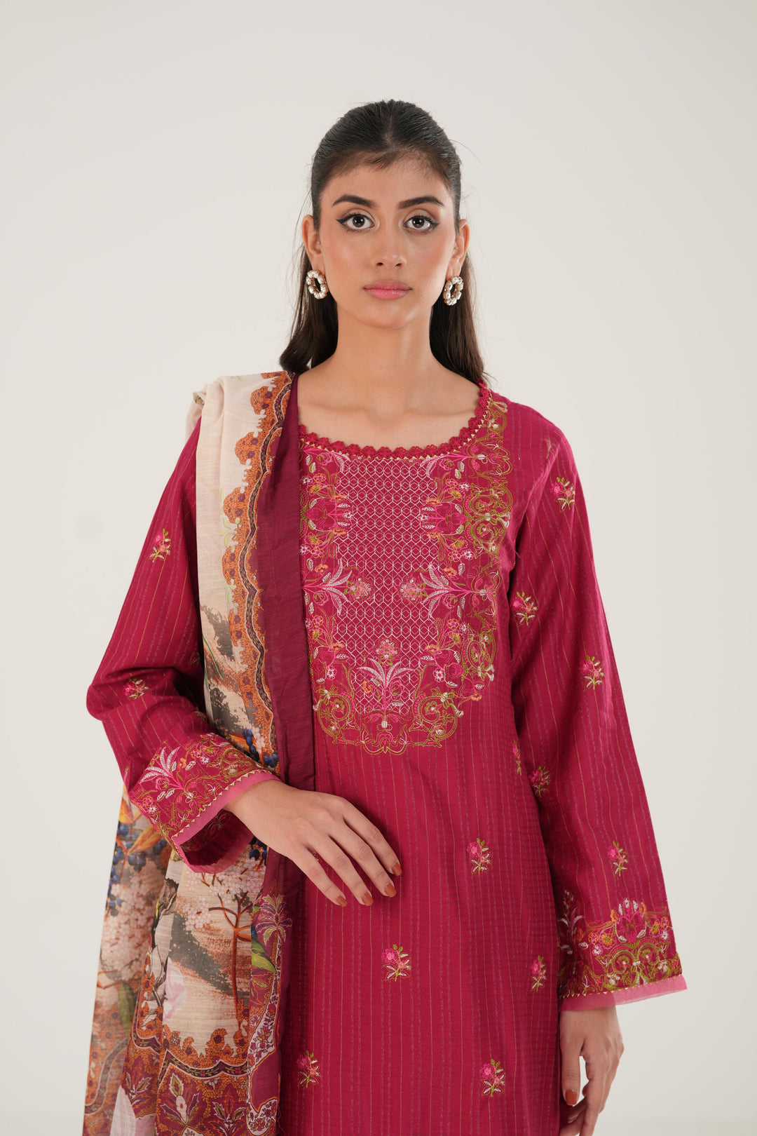 Lawn Red Stitched Suit - Zellbury