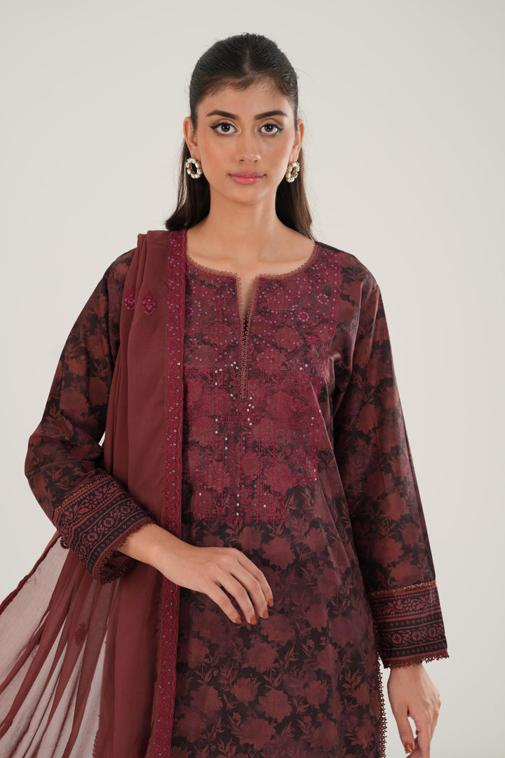 Lawn Maroon Stitched Suit - Zellbury