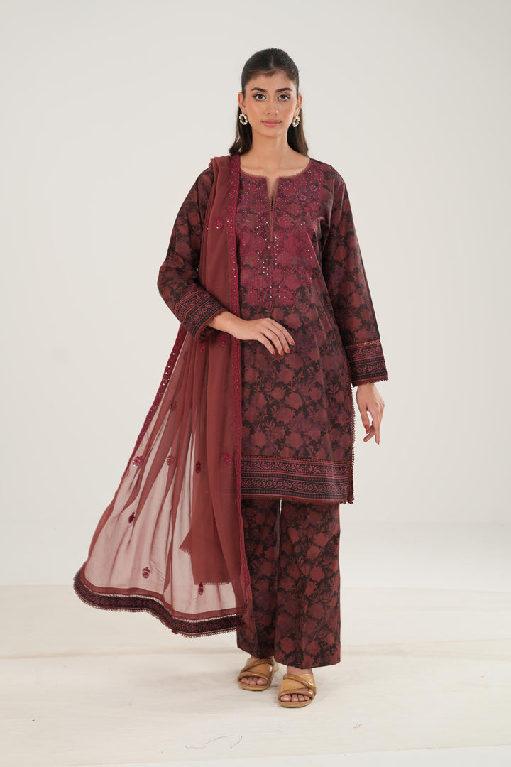 Lawn Maroon Stitched Suit - Zellbury