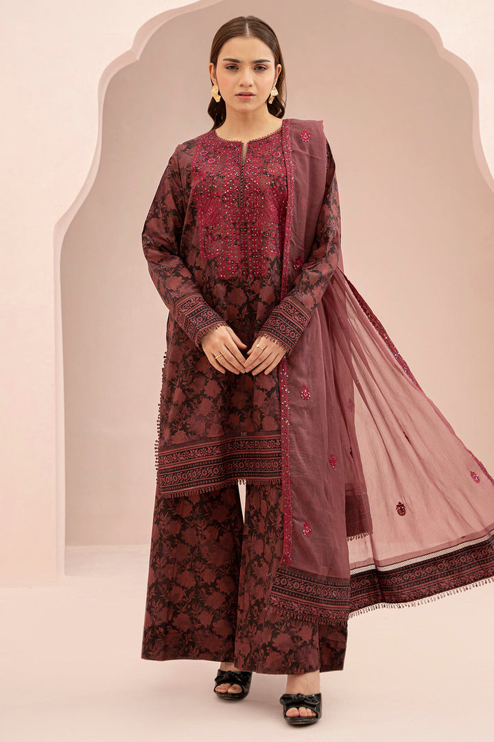 Lawn Maroon Stitched Suit - Zellbury