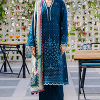 Embroidered Lawn Teal Blue Stitched Suit - Zellbury