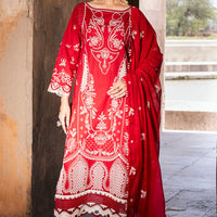 Embroidered Lawn Red Stitched Suit - Zellbury