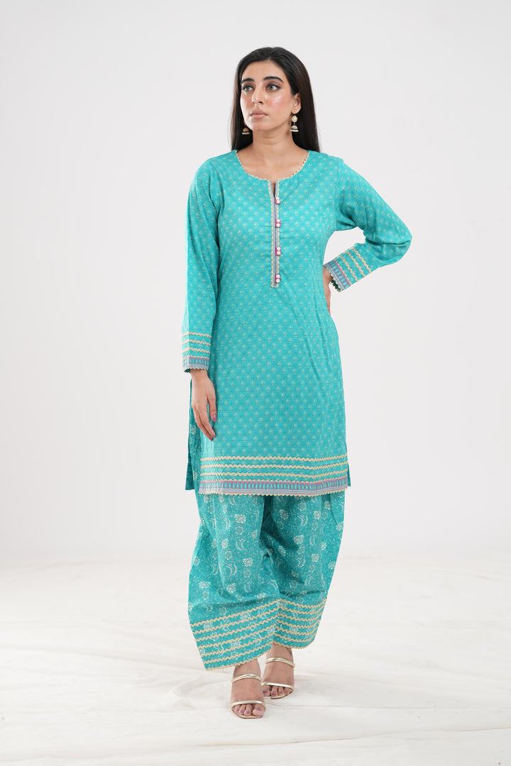 Lawn Cyan Stitched Suit - Zellbury