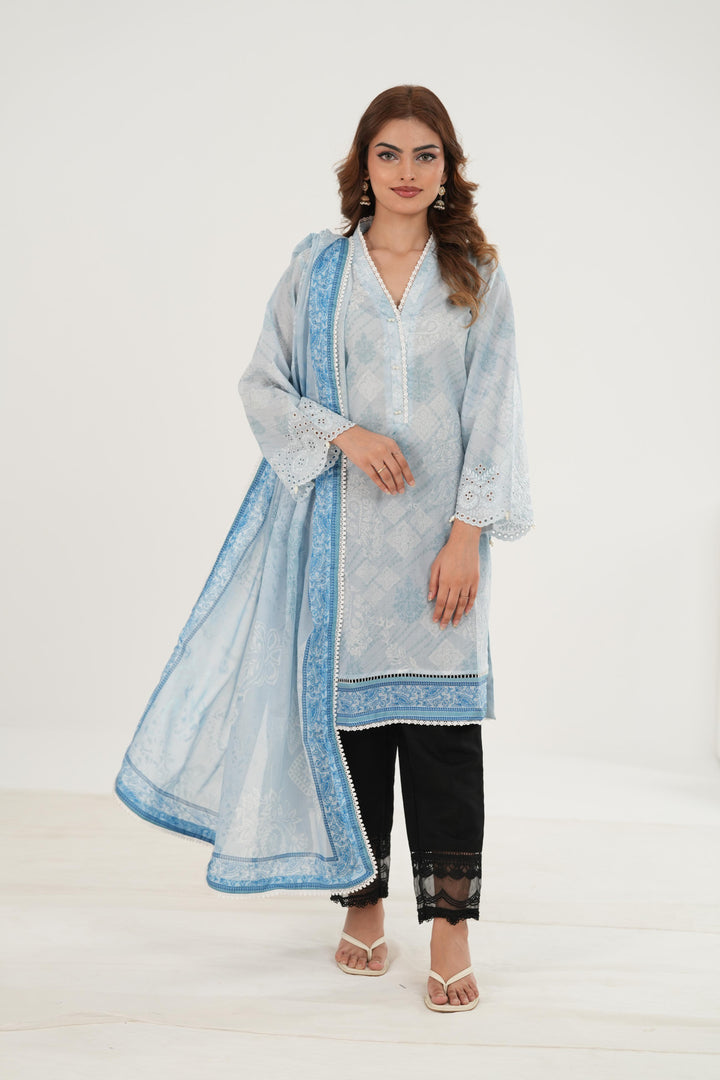Lawn Sky Blue Stitched Suit - Zellbury