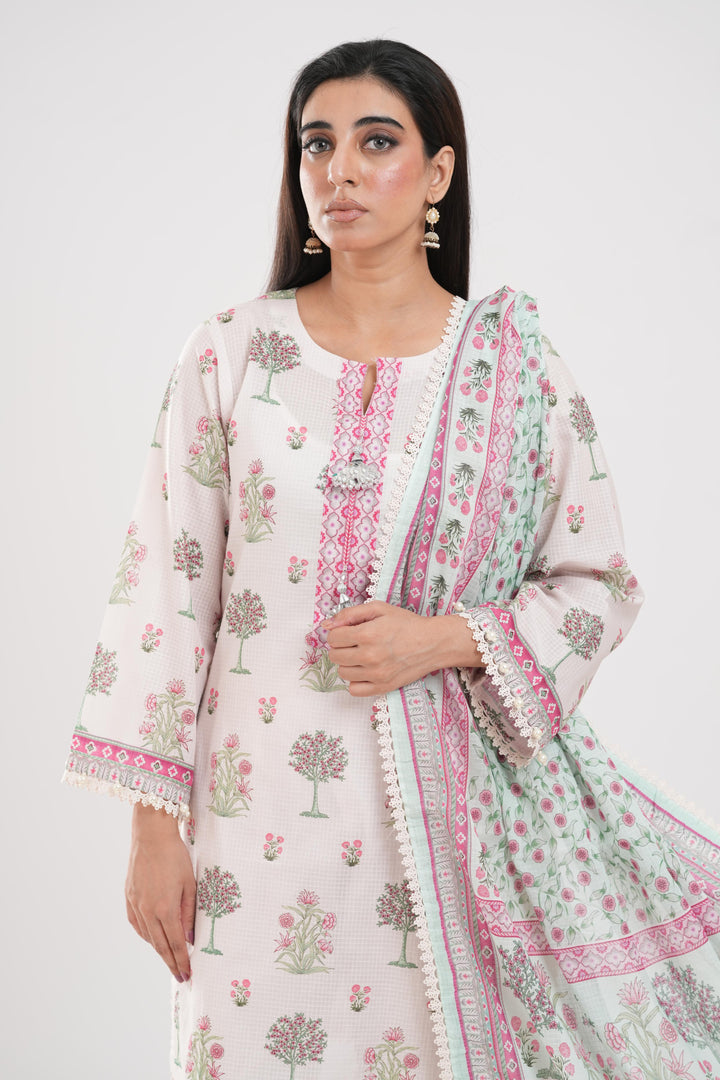 Lawn White Stitched Suit - Zellbury