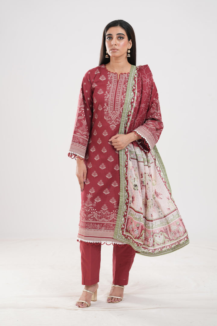 Lawn Maroon Stitched Suit - Zellbury