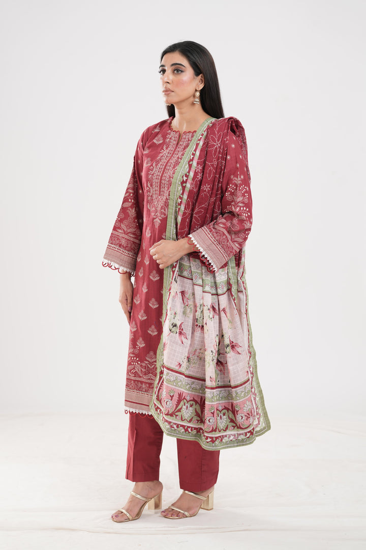 Lawn Maroon Stitched Suit - Zellbury