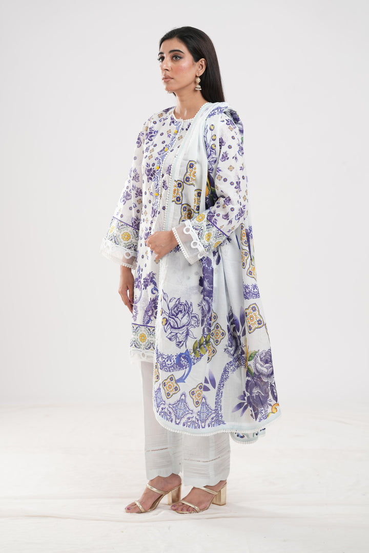 Lawn White Stitched Suit - Zellbury