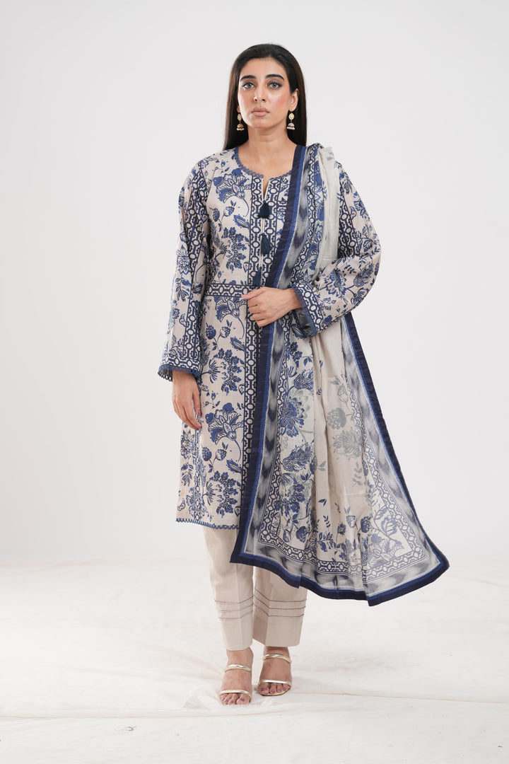 Lawn Off White Stitched Suit - Zellbury