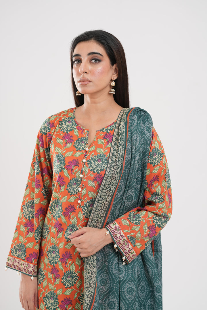 Lawn Rust Stitched Suit - Zellbury