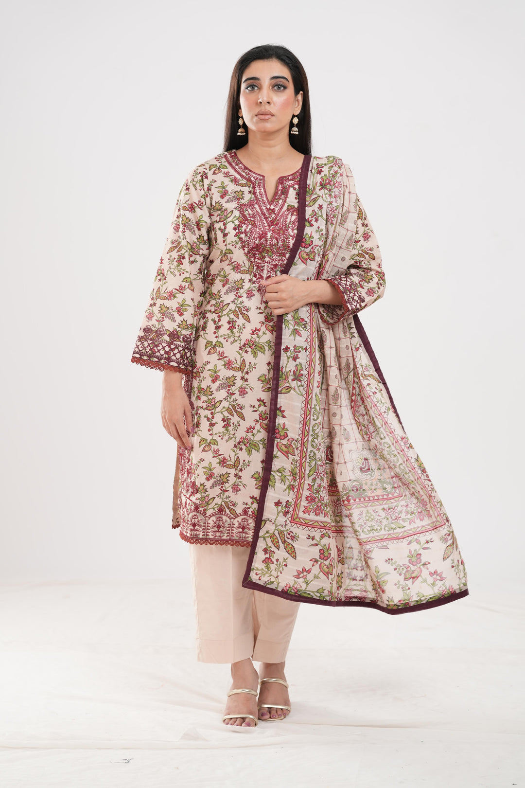 Lawn Beige Stitched Suit - Zellbury