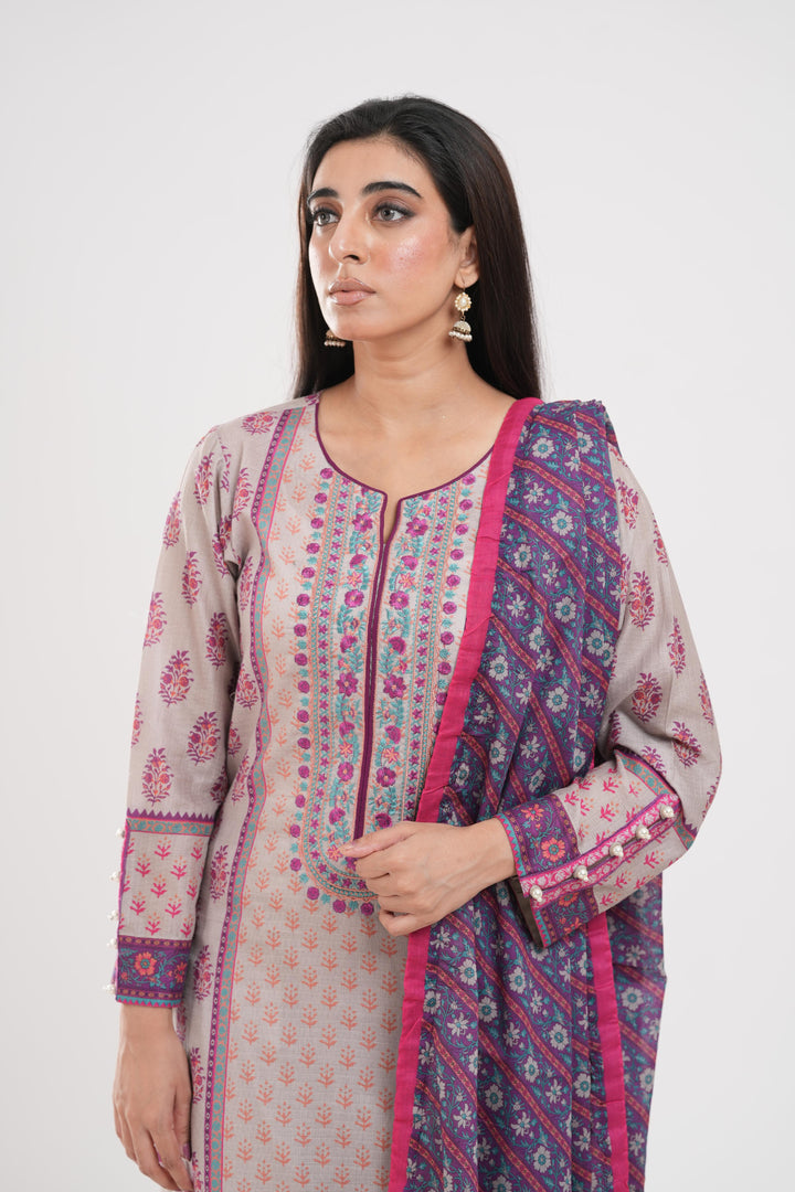 Lawn Plum Stitched Suit - Zellbury