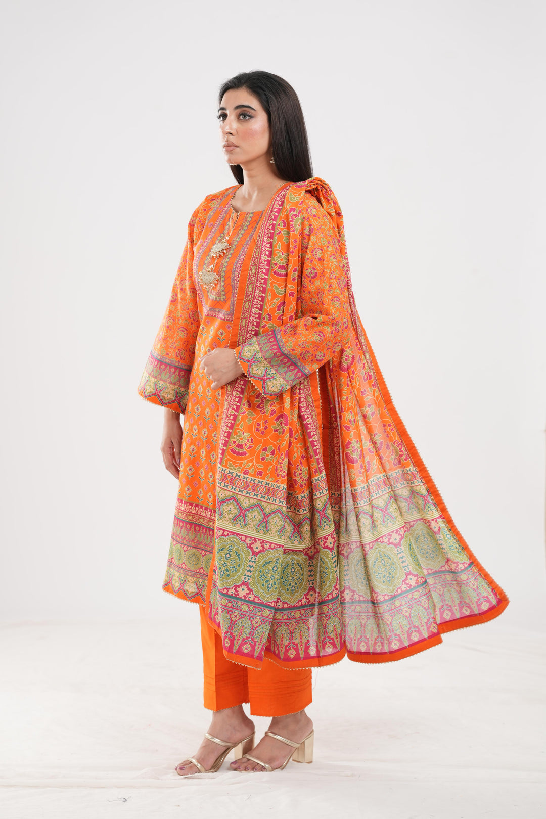 Lawn Orange Stitched Suit - Zellbury