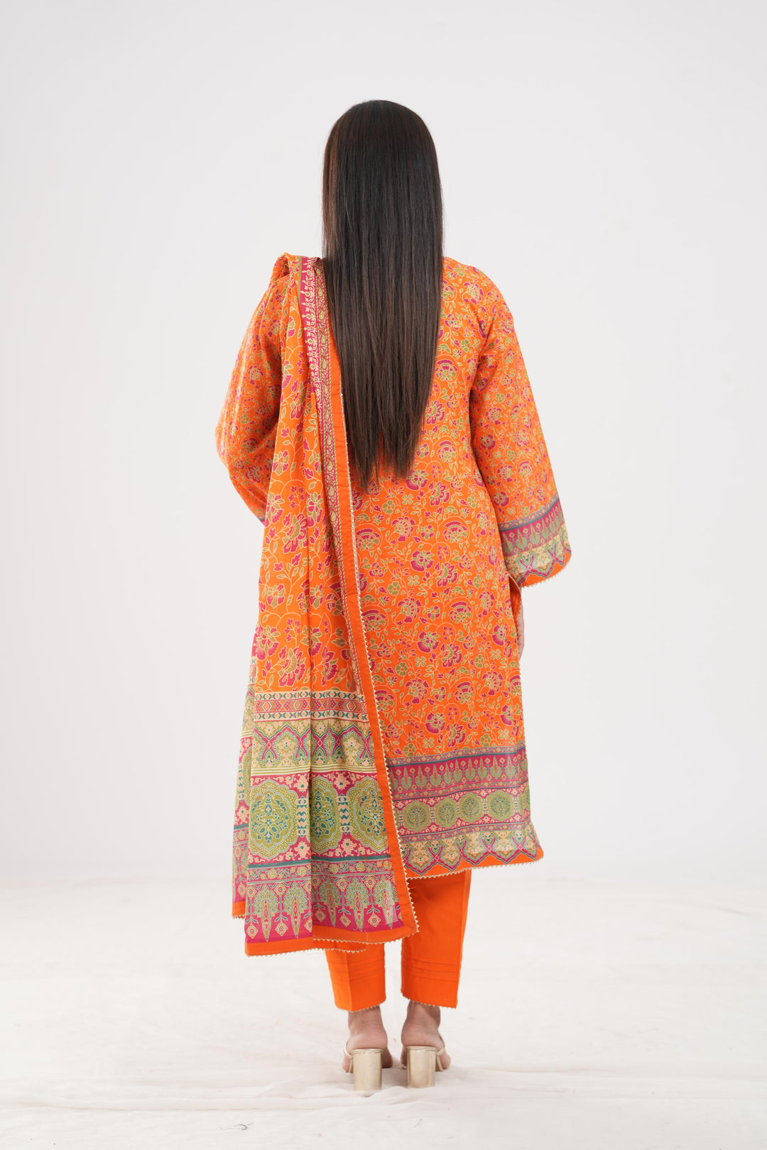 Lawn Orange Stitched Suit - Zellbury