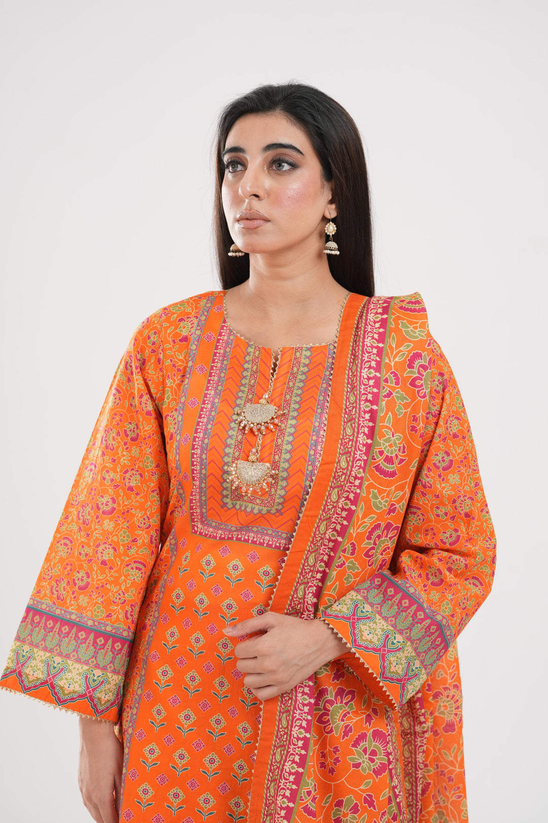 Lawn Orange Stitched Suit - Zellbury