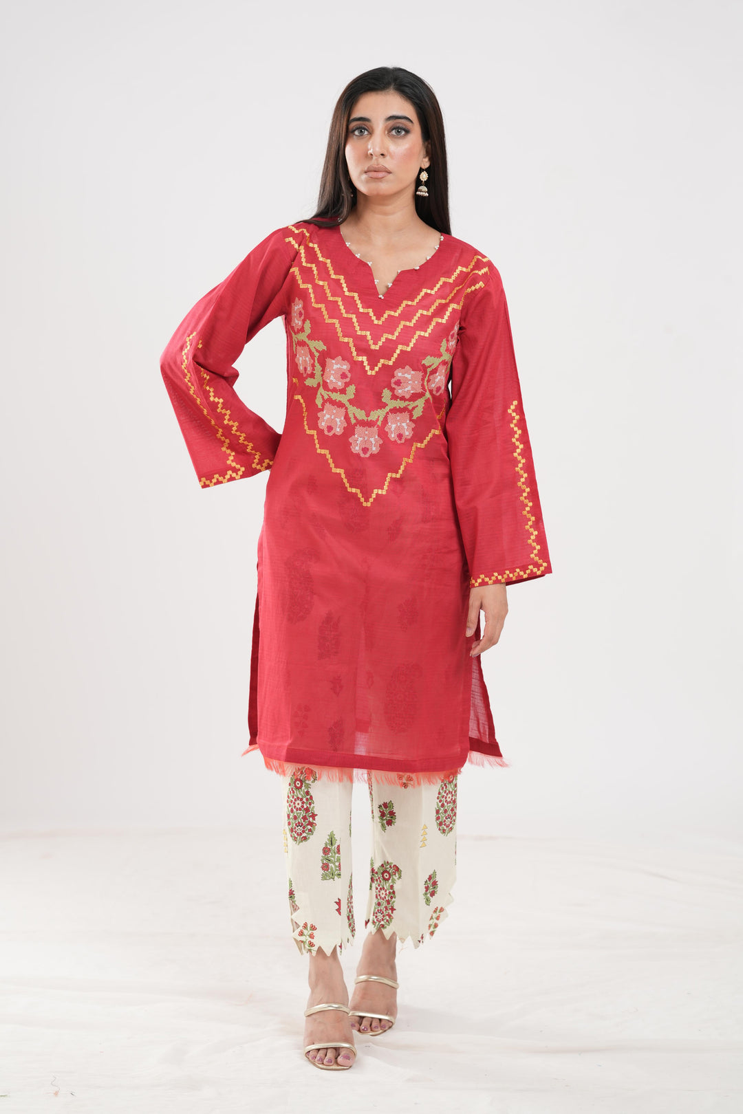 Lawn Red Stitched Suit - Zellbury