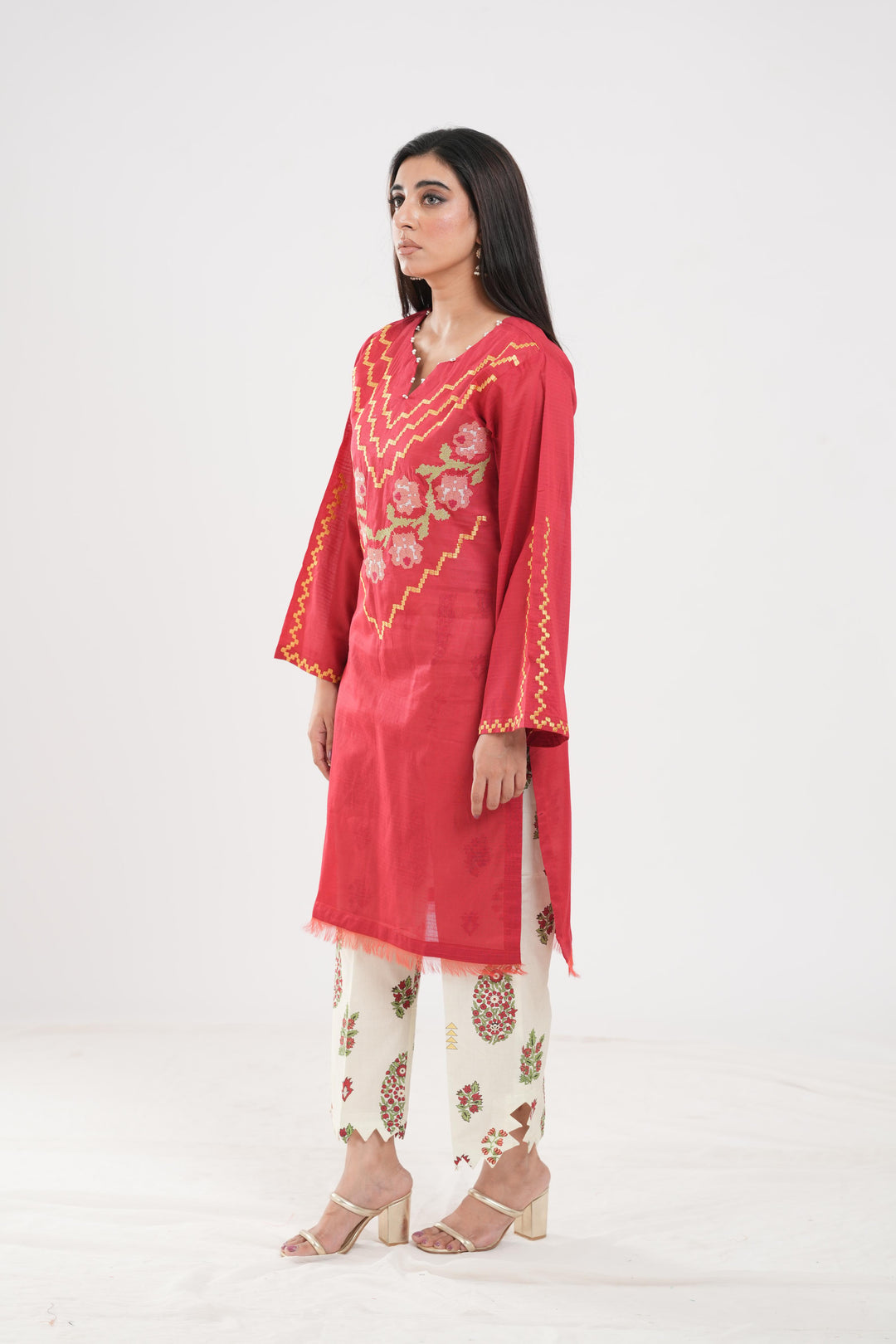 Lawn Red Stitched Suit - Zellbury