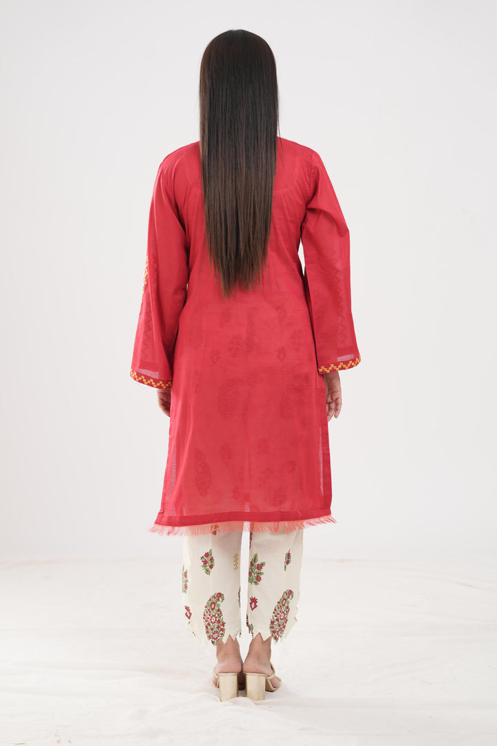 Lawn Red Stitched Suit - Zellbury