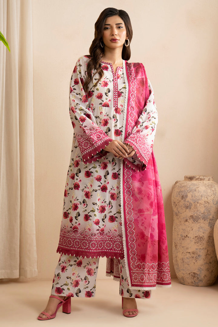 Lawn White & Pink Stitched Suit - Zellbury