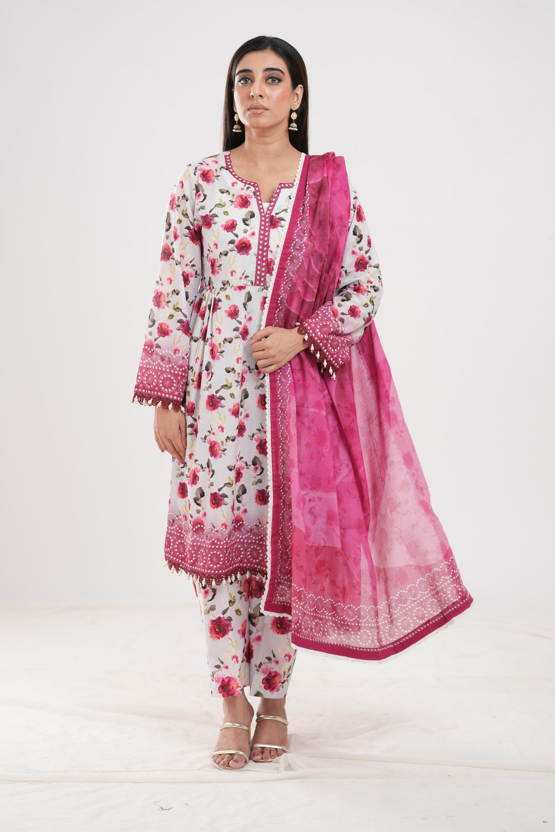 Lawn White & Pink Stitched Suit - Zellbury