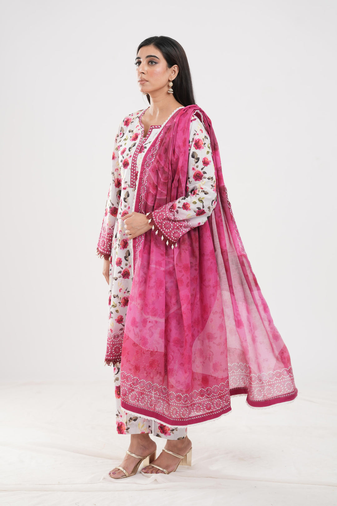 Lawn White & Pink Stitched Suit - Zellbury