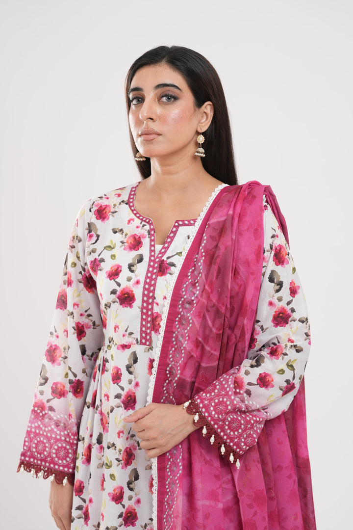 Lawn White & Pink Stitched Suit - Zellbury