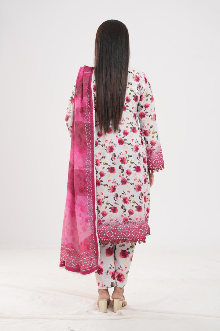 Lawn White & Pink Stitched Suit - Zellbury