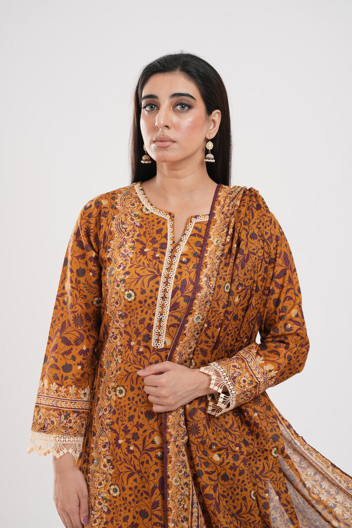 Lawn Brown Stitched Suit - Zellbury