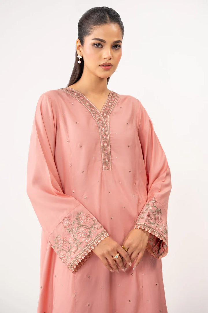 Embroidered Raw Silk Pink Stitched Suit - Zeen