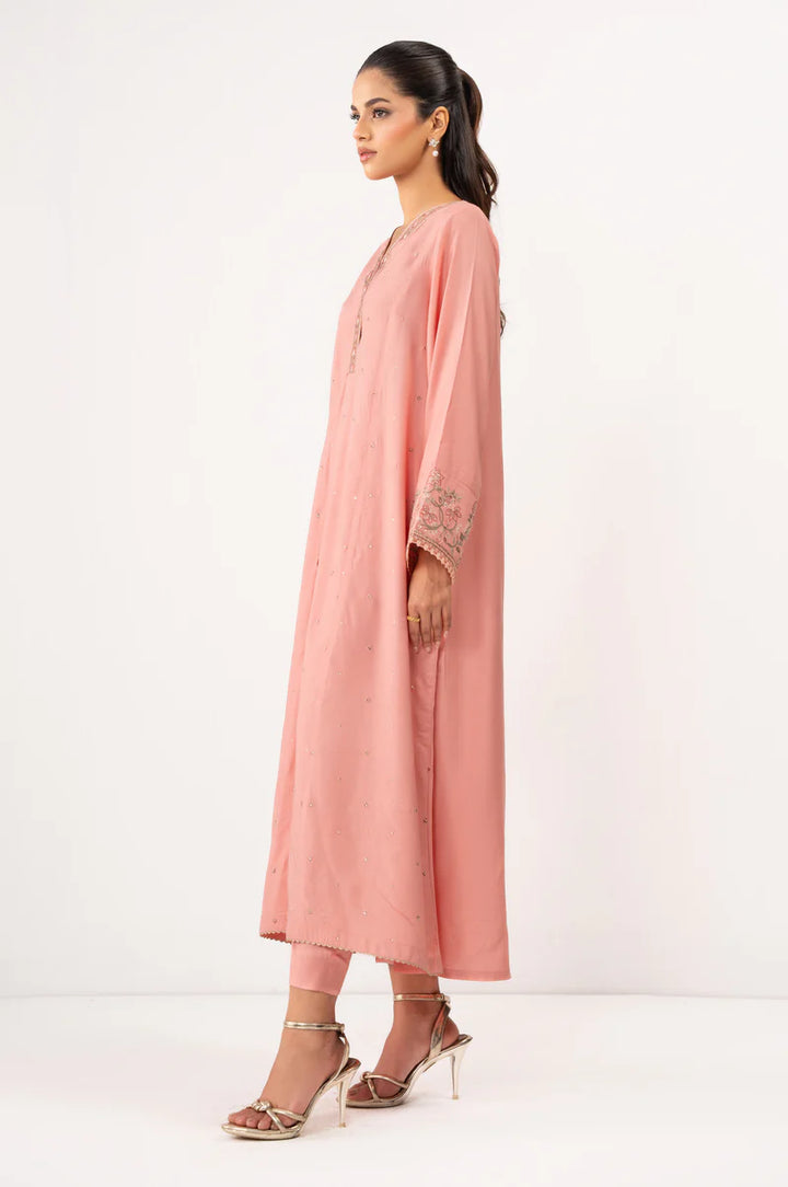 Embroidered Raw Silk Pink Stitched Suit - Zeen