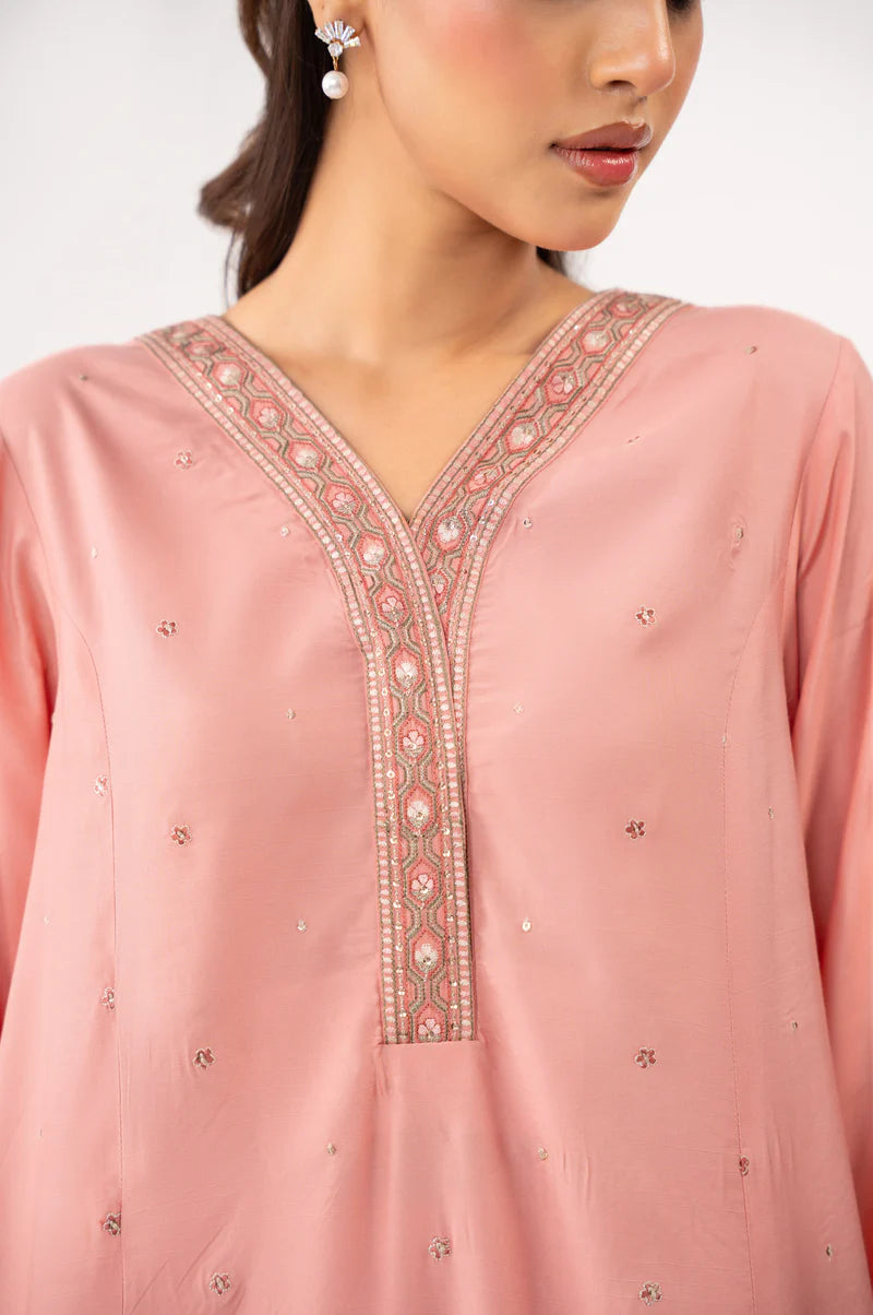 Embroidered Raw Silk Pink Stitched Suit - Zeen