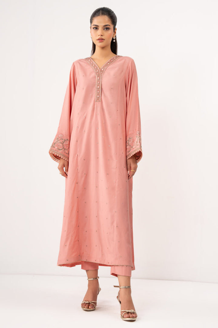Embroidered Raw Silk Pink Stitched Suit - Zeen
