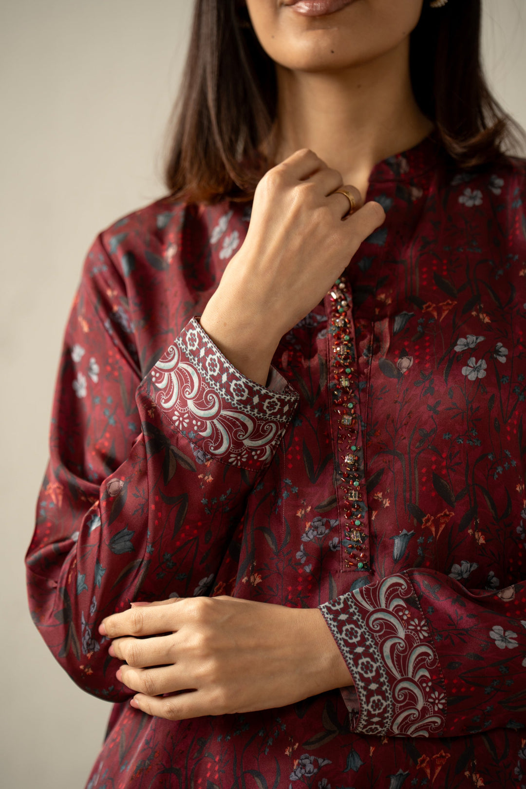 Embellished Silk Plum Stitched Suit - Zeen