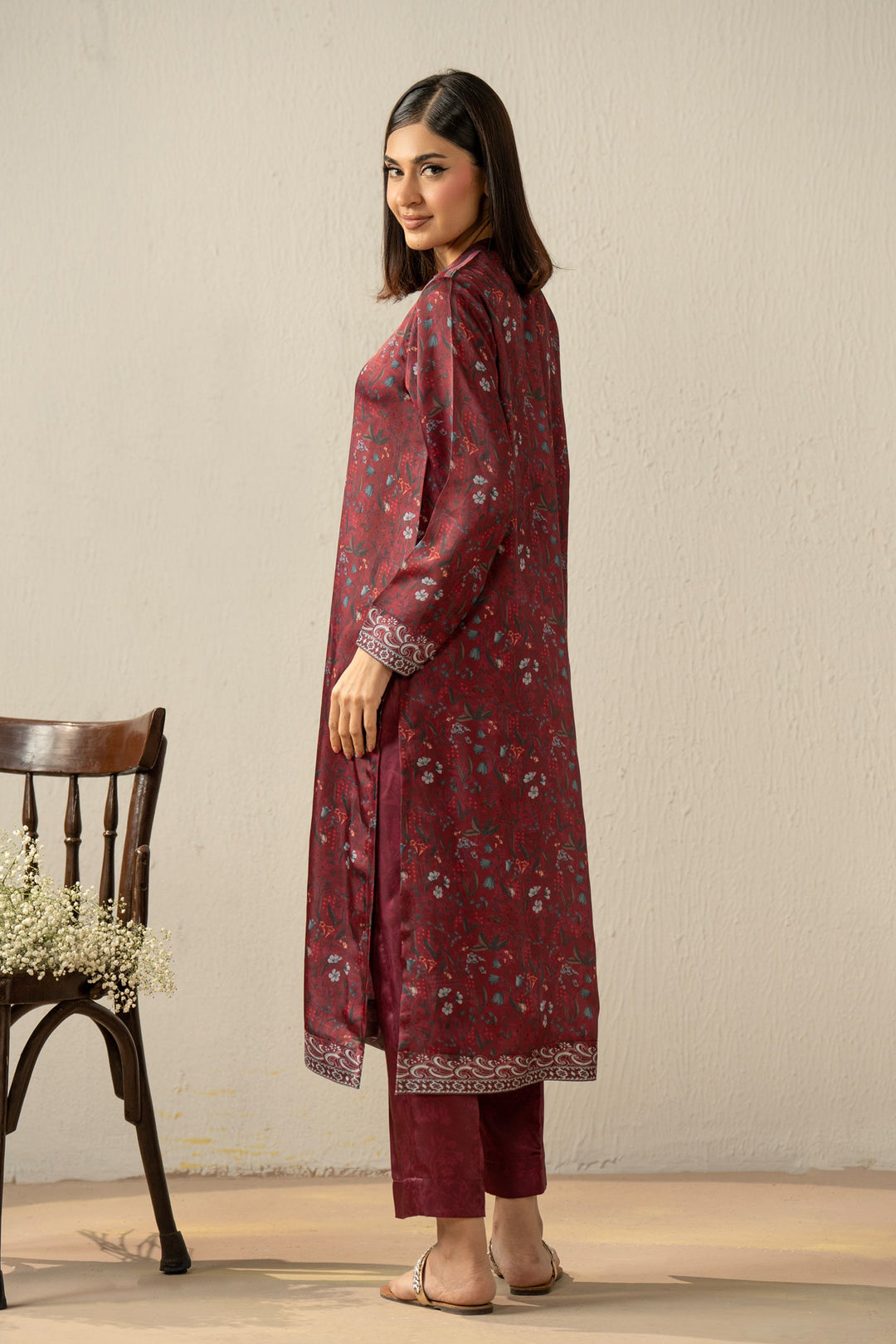 Embellished Silk Plum Stitched Suit - Zeen