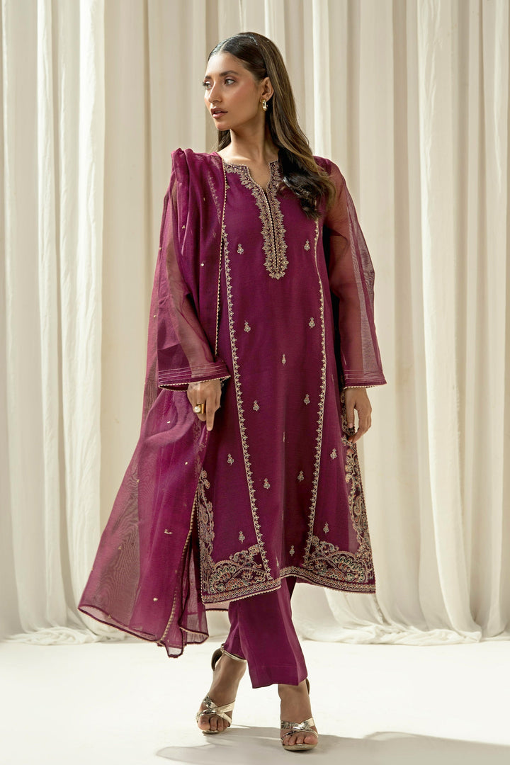 Embroidered Khaddi Net Plum Stitched Suit - Zeen