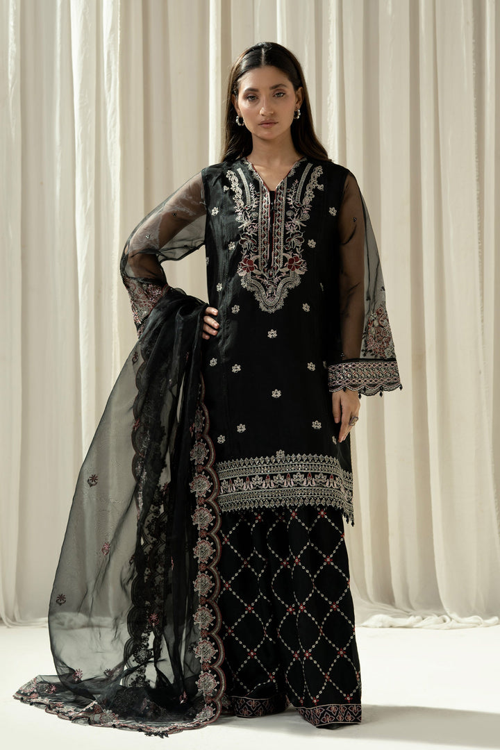 Embroidered Organza Black Stitched Suit - Zeen