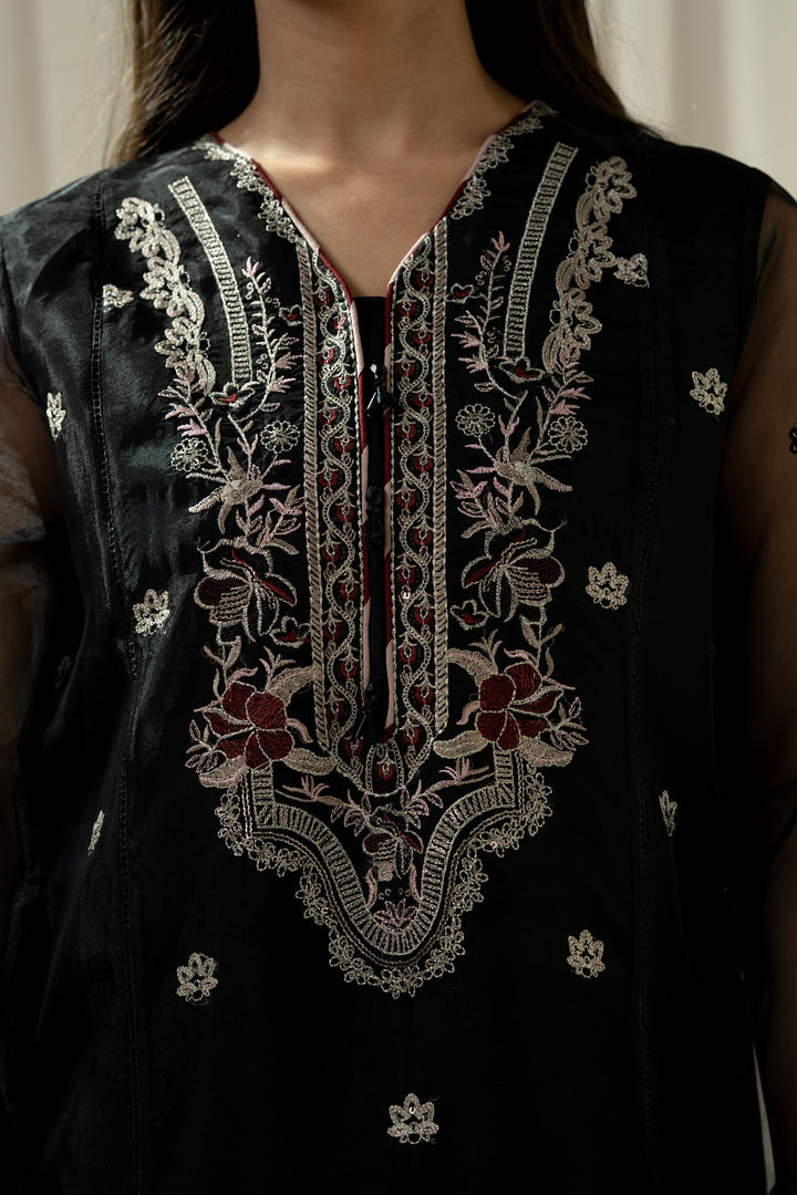 Embroidered Organza Black Stitched Suit - Zeen