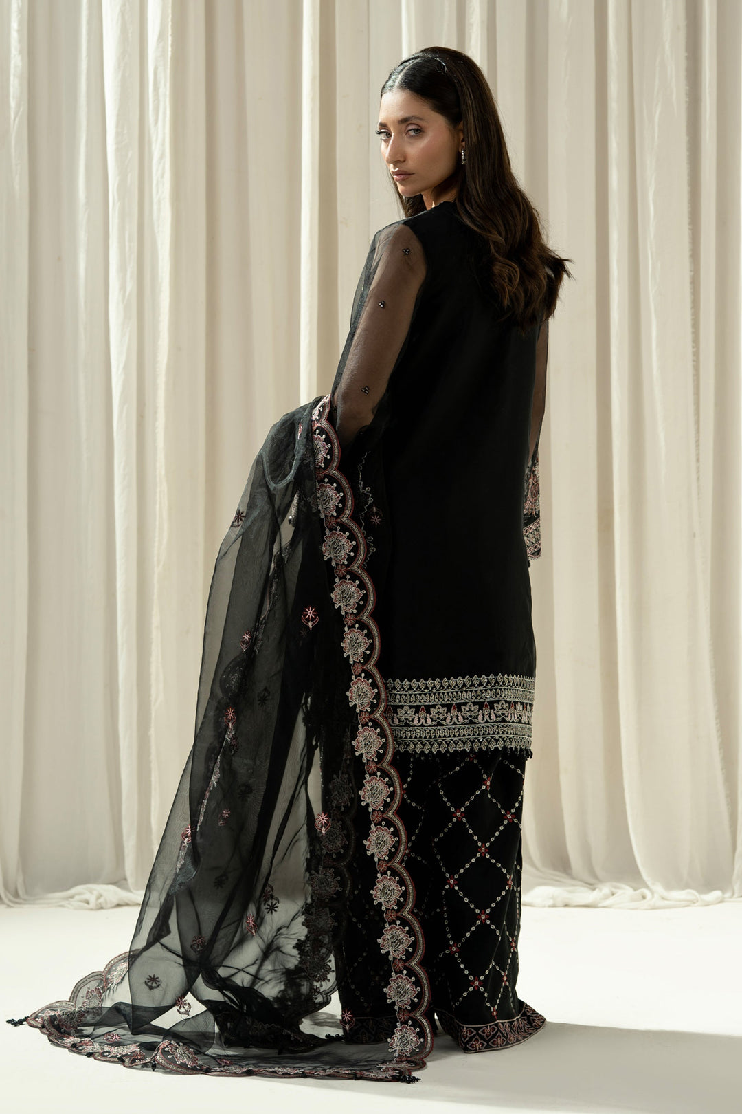 Embroidered Organza Black Stitched Suit - Zeen