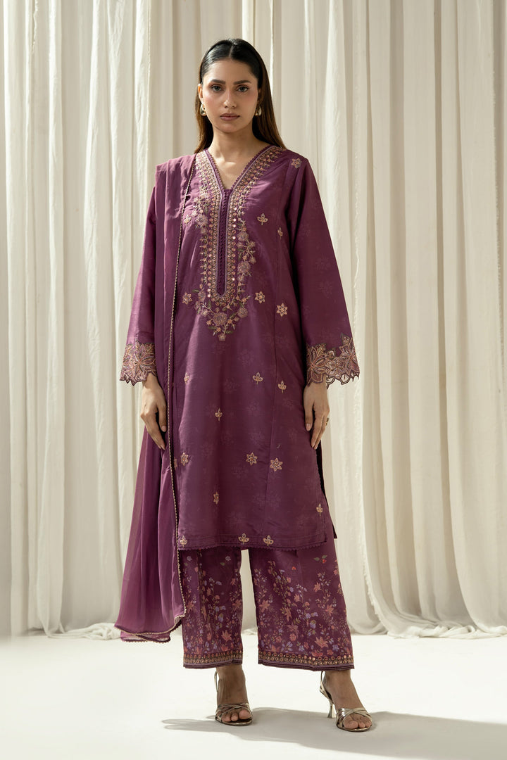 Embroidered Raw Silk Purple Stitched Suit - Zeen
