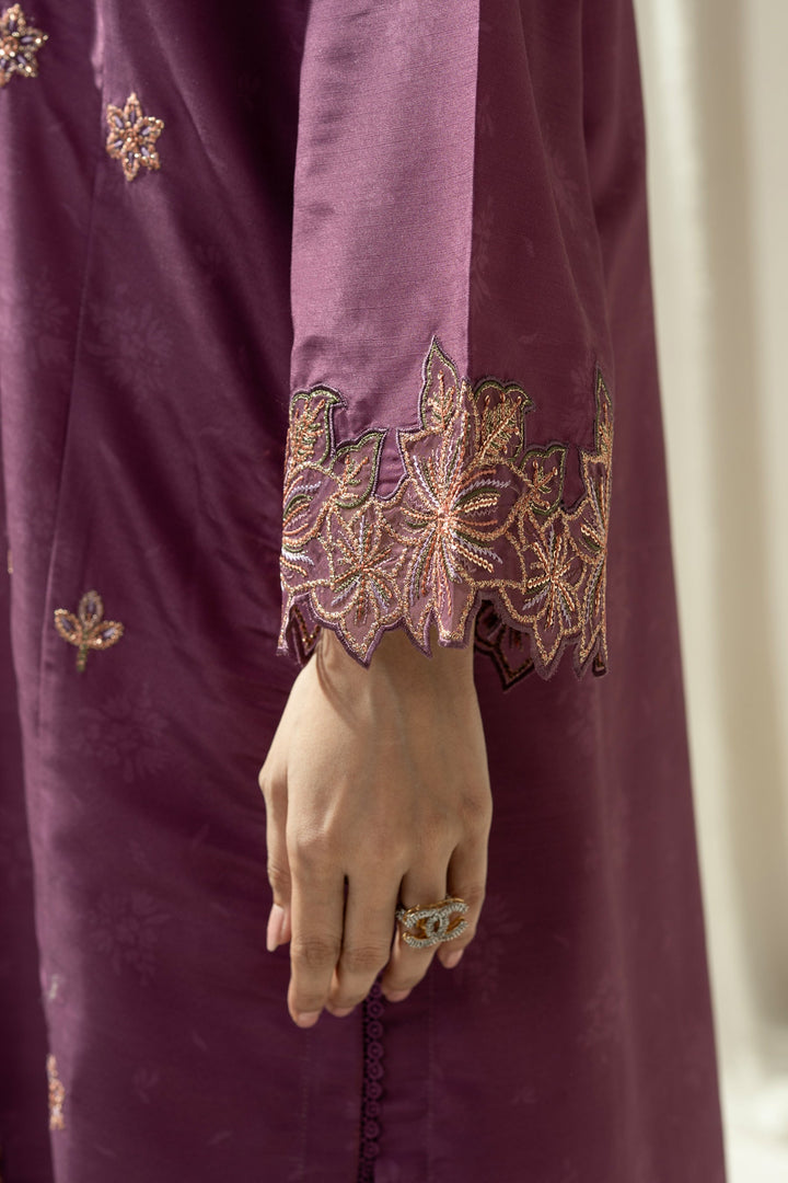 Embroidered Raw Silk Purple Stitched Suit - Zeen
