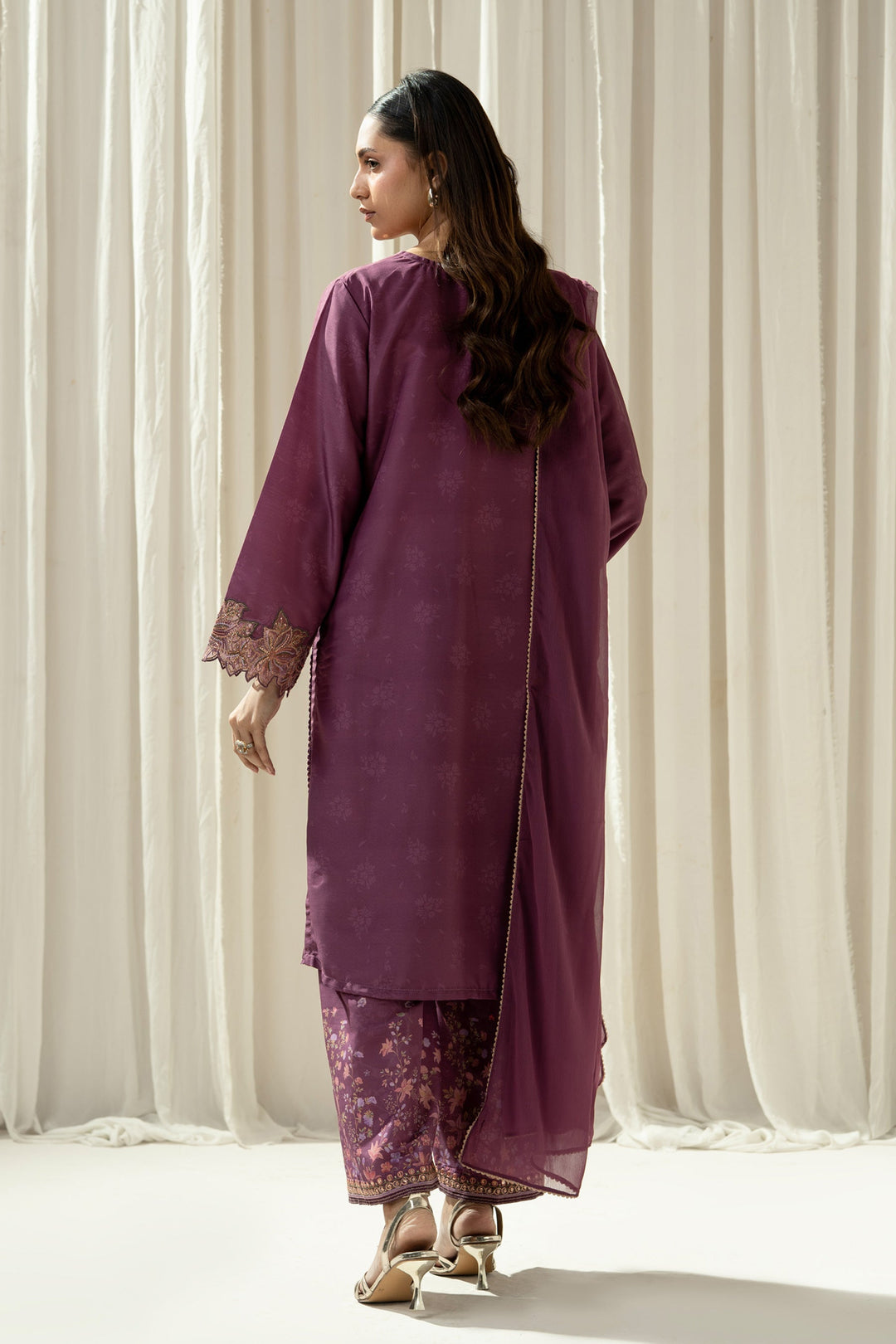 Embroidered Raw Silk Purple Stitched Suit - Zeen