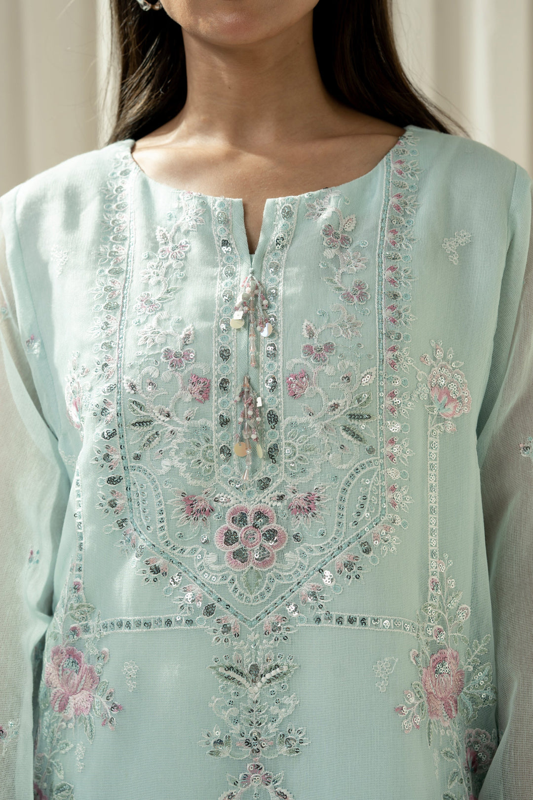 Embroidered Cotton Net Light Blue Stitched Suit - Zeen