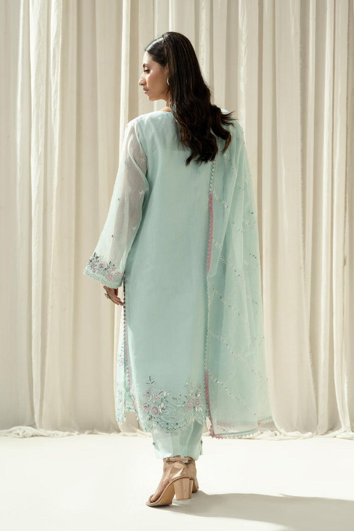 Embroidered Cotton Net Light Blue Stitched Suit - Zeen