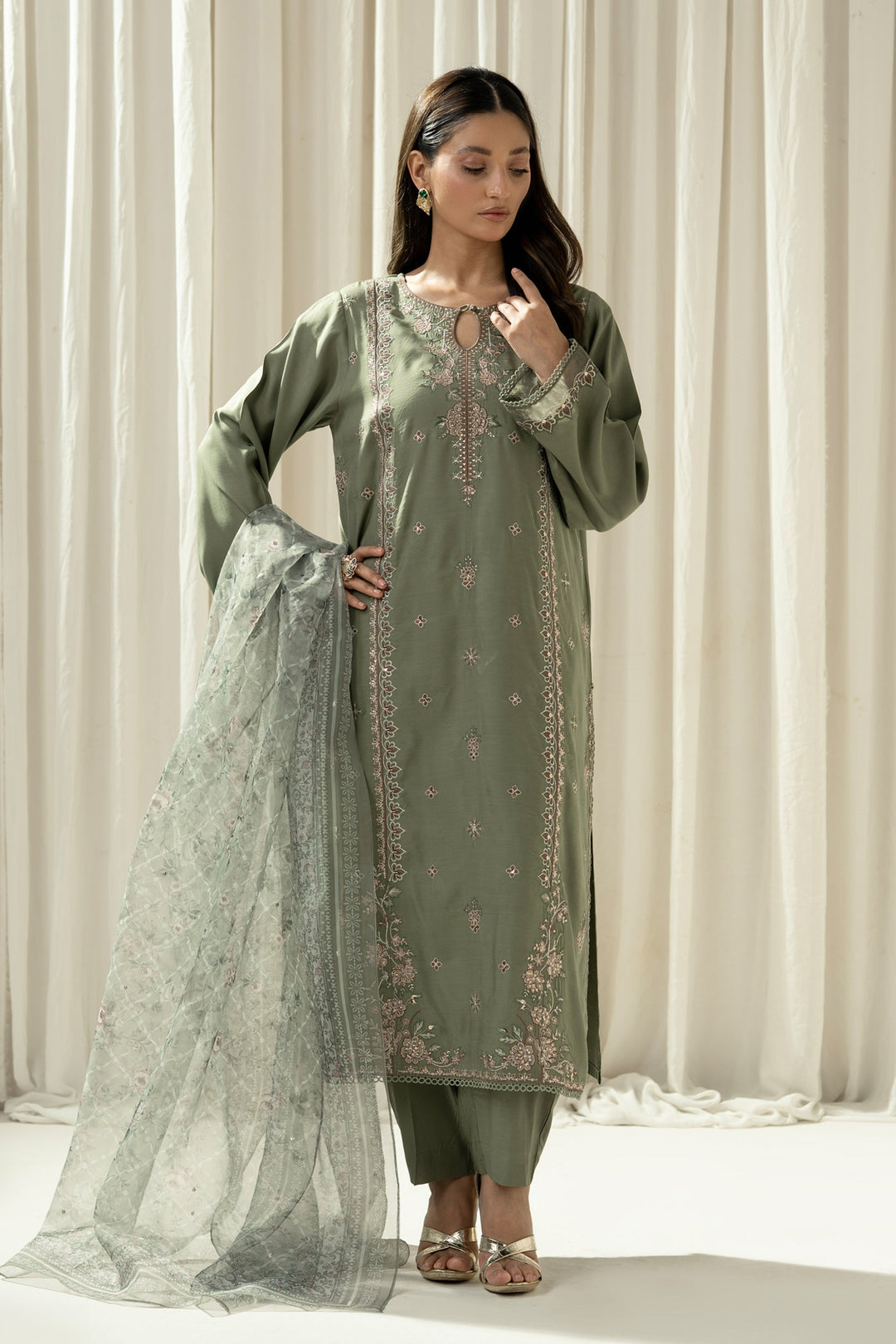 Embroidered Raw Silk Green Stitched Suit - Zeen