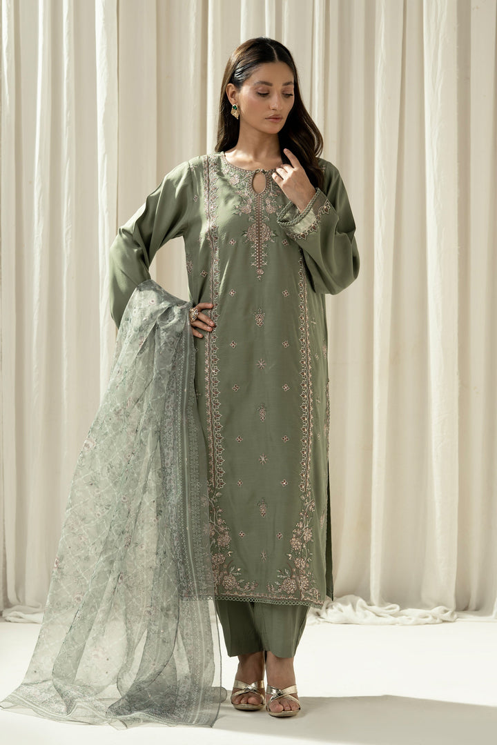 Embroidered Raw Silk Green Stitched Suit - Zeen