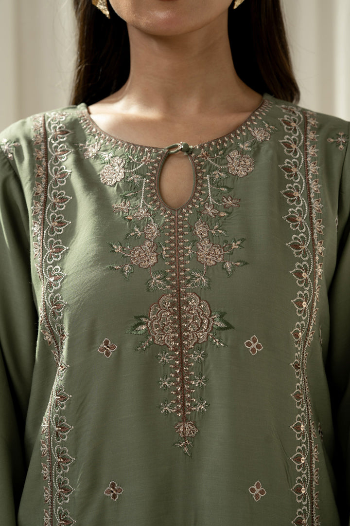Embroidered Raw Silk Green Stitched Suit - Zeen