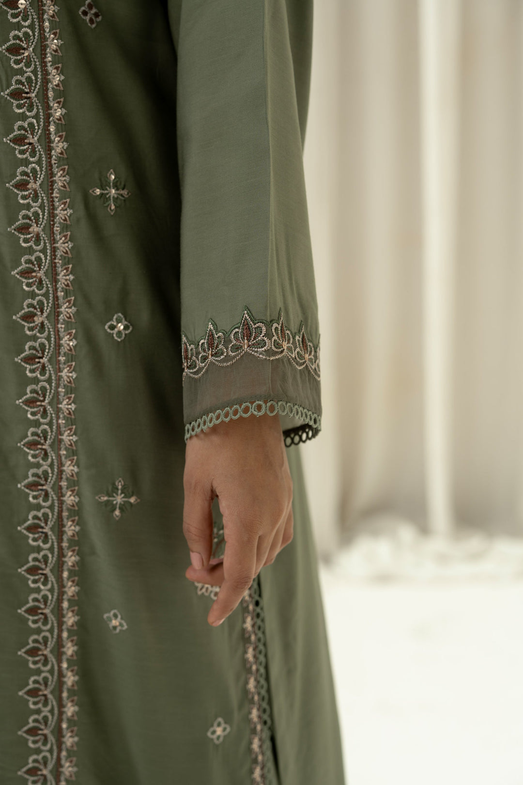 Embroidered Raw Silk Green Stitched Suit - Zeen