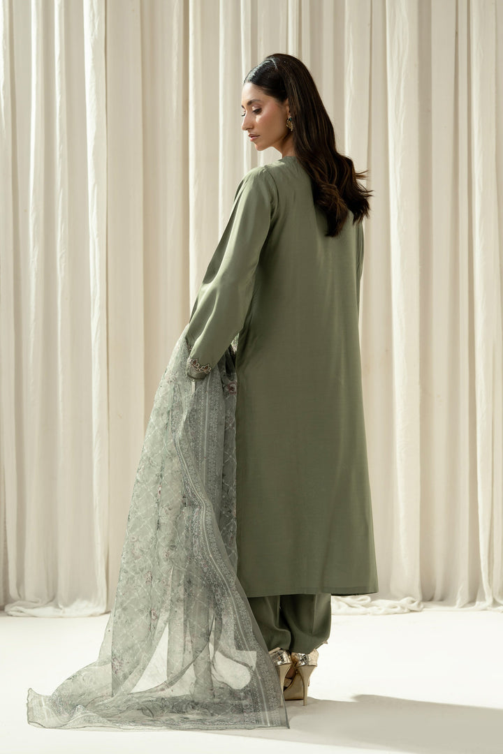 Embroidered Raw Silk Green Stitched Suit - Zeen