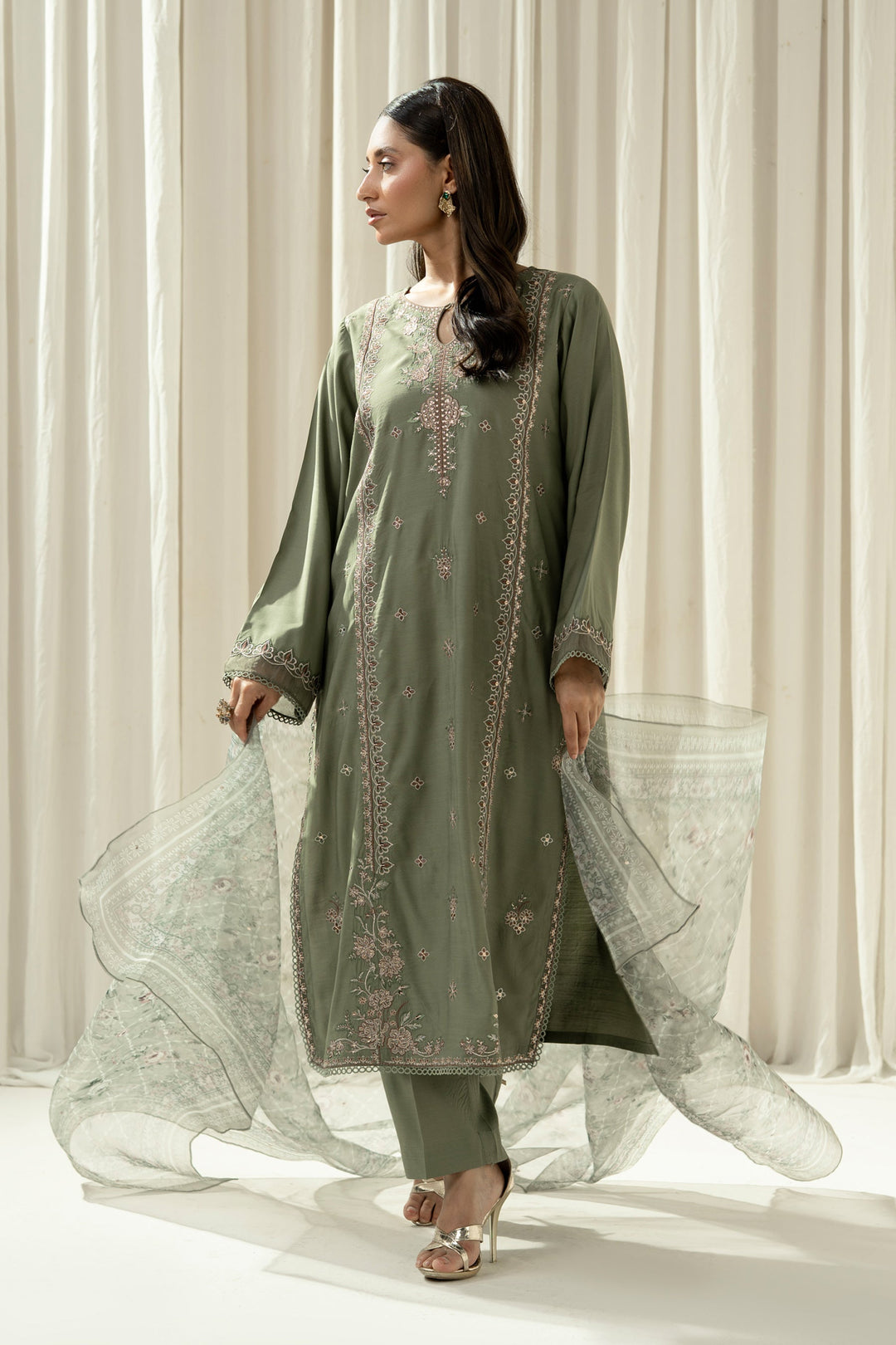 Embroidered Raw Silk Green Stitched Suit - Zeen